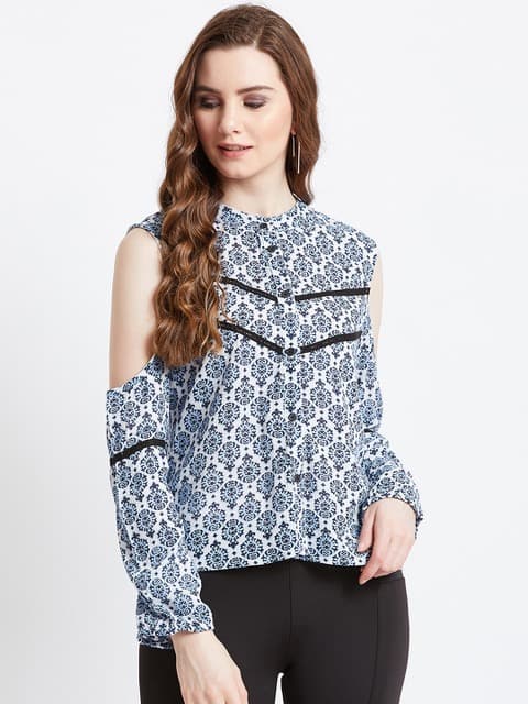 Printed Cold-Shoulder Lace Detail Top