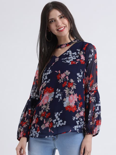 Navy Floral V-Neck Band Top