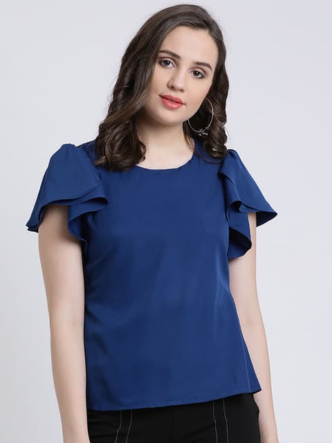 Blue Flared Sleeve Solid Top